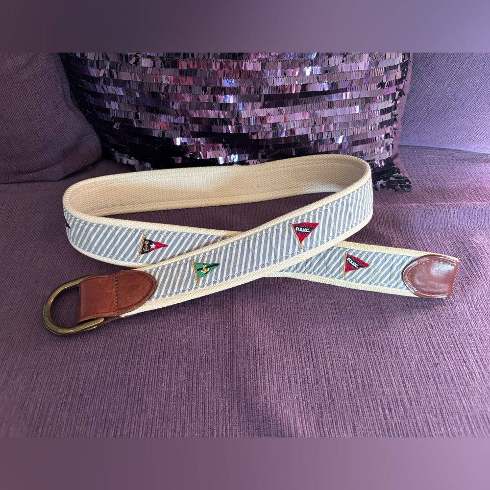 POLO RALPH LAUREN D-Ring Cinch Belt Seersucker Nautical w/Embroidered Yacht Flag